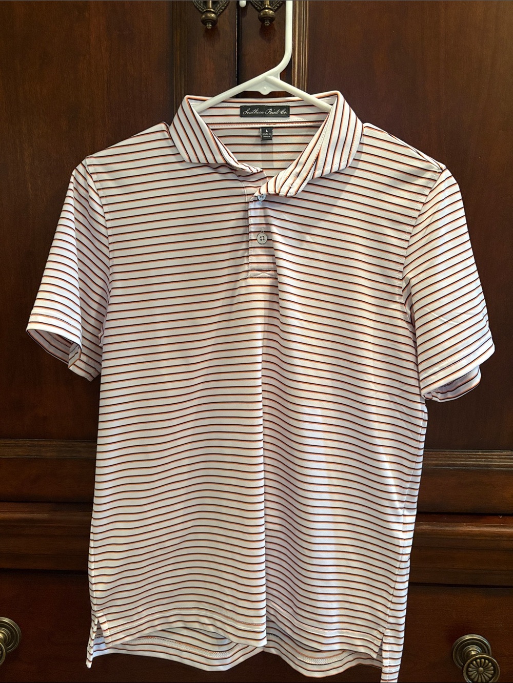 ✨ LIKE NEW ✨ boys Southern Point Co white, navy & orange Stripe Polo, YL